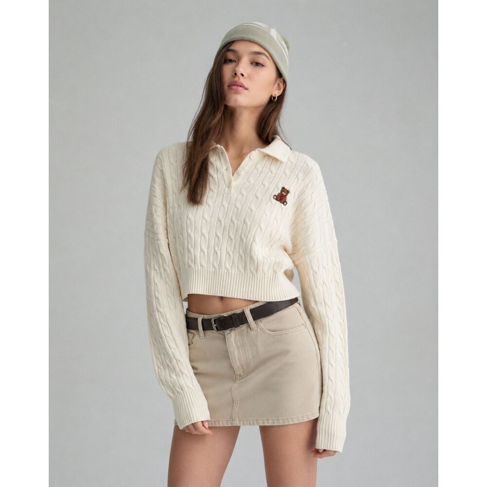 Bershka Cream Cable Knit Cropped Polo Sweater Teddy Bear Women’s M Embroidery